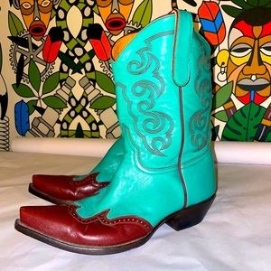 Old Gringo Turquoise and Rust Cowboy Boots embroidered, scrolled leather